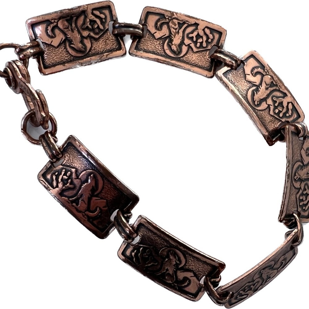 Southwestern Tribal Signed COPPER Bracelet  Wolf Howling at Moon  Cactus Vintage